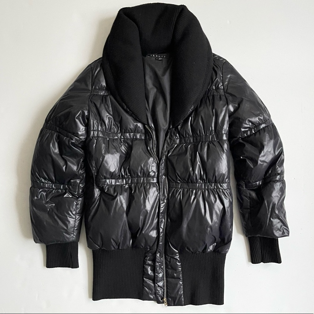 Theory Puffer Coat with Knit Collar Size S Black